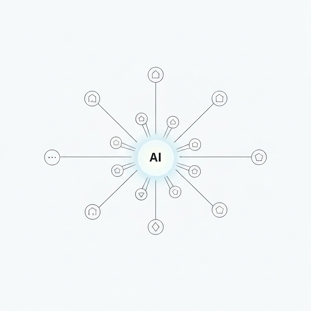 AI-Powered Inventory Management Data Network Illustration of interconnected data points converging into an AI core, symbolizing AI-driven inventory management.