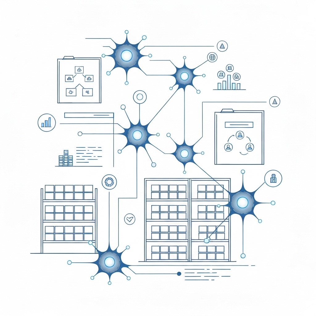 AI Integration in Inventory Management Conceptual visualization of AI-powered inventory management integration showing neural networks connected to supply chain elements
