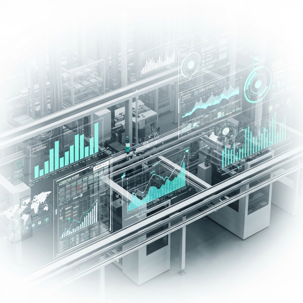 A sleek, minimalist illustration of digital graphs and analytics overlaid on a manufacturing setting, emphasizing data-driven decision making.