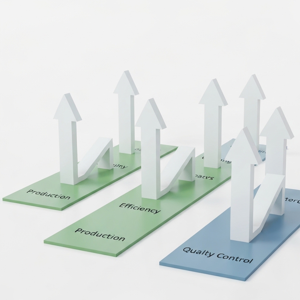 Factory Growth: Visualizing KPI-Driven Improvement Conceptual image depicting a factory floor with upward-pointing arrows representing KPI-driven improvement and growth in manufacturing.