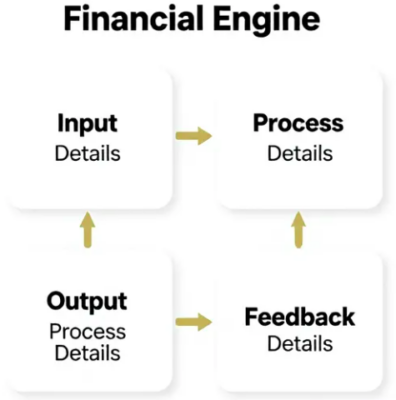 Financial analysis engine diagram showing data inputs, quality gates, throughput metrics, and feedback loops