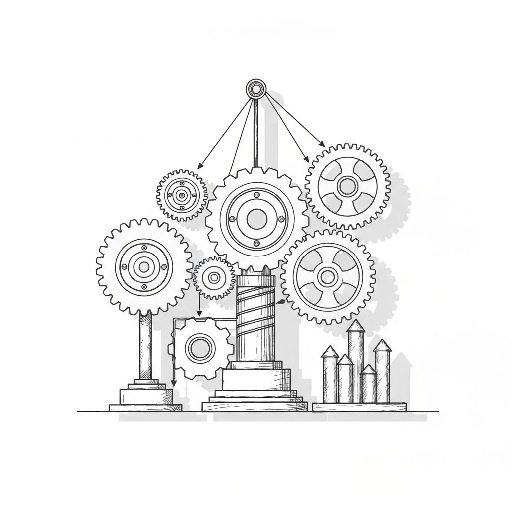Implementing a Manufacturing Business Strategy Framework Professional conceptual visual depicting the implementation of manufacturing business strategy with integrated operational and growth elements
