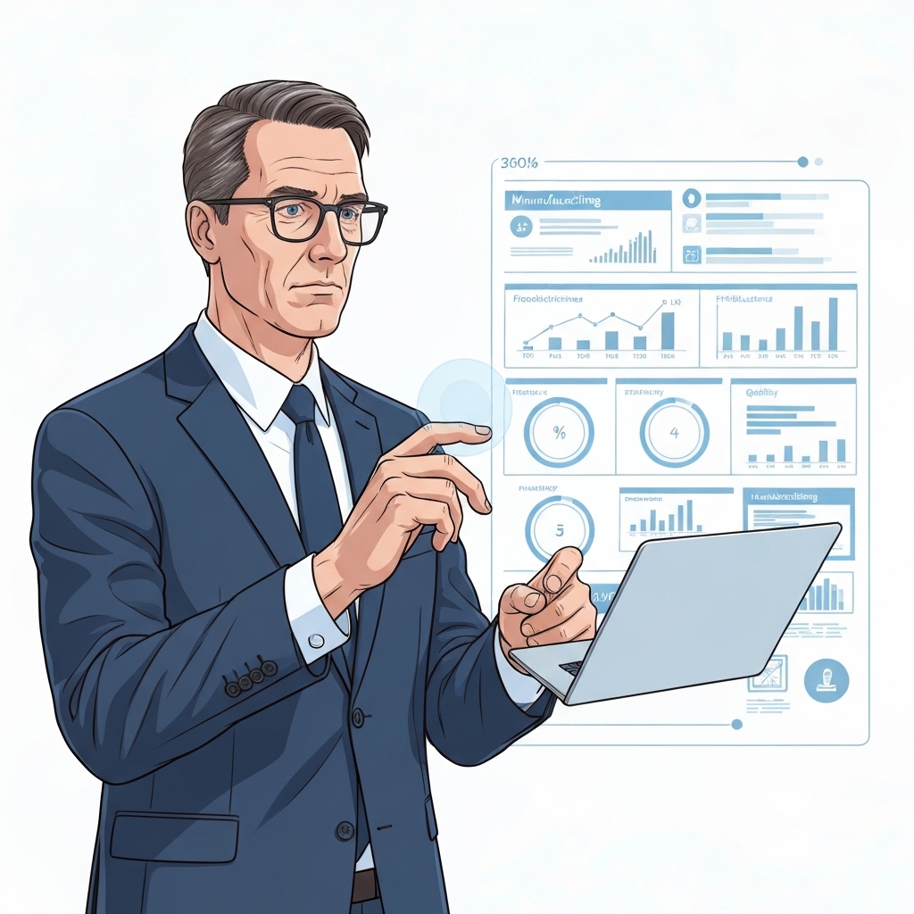 Business executive reviewing a minimalist digital KPI dashboard on a white background, representing strategy and analysis in manufacturing.