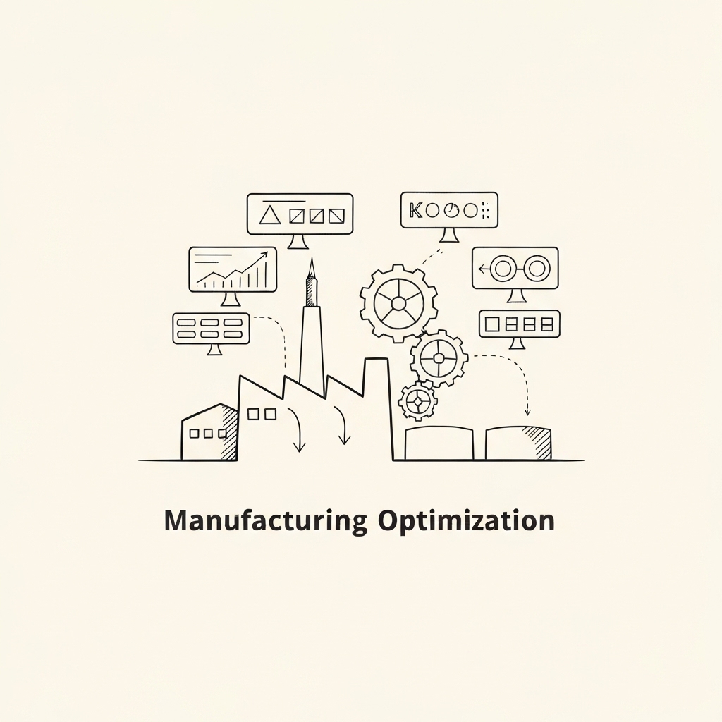 KPI Strategy Framework for Manufacturing Process Optimization Conceptual illustration of KPI strategy for manufacturing business showing process optimization through interconnected metrics and factory elements
