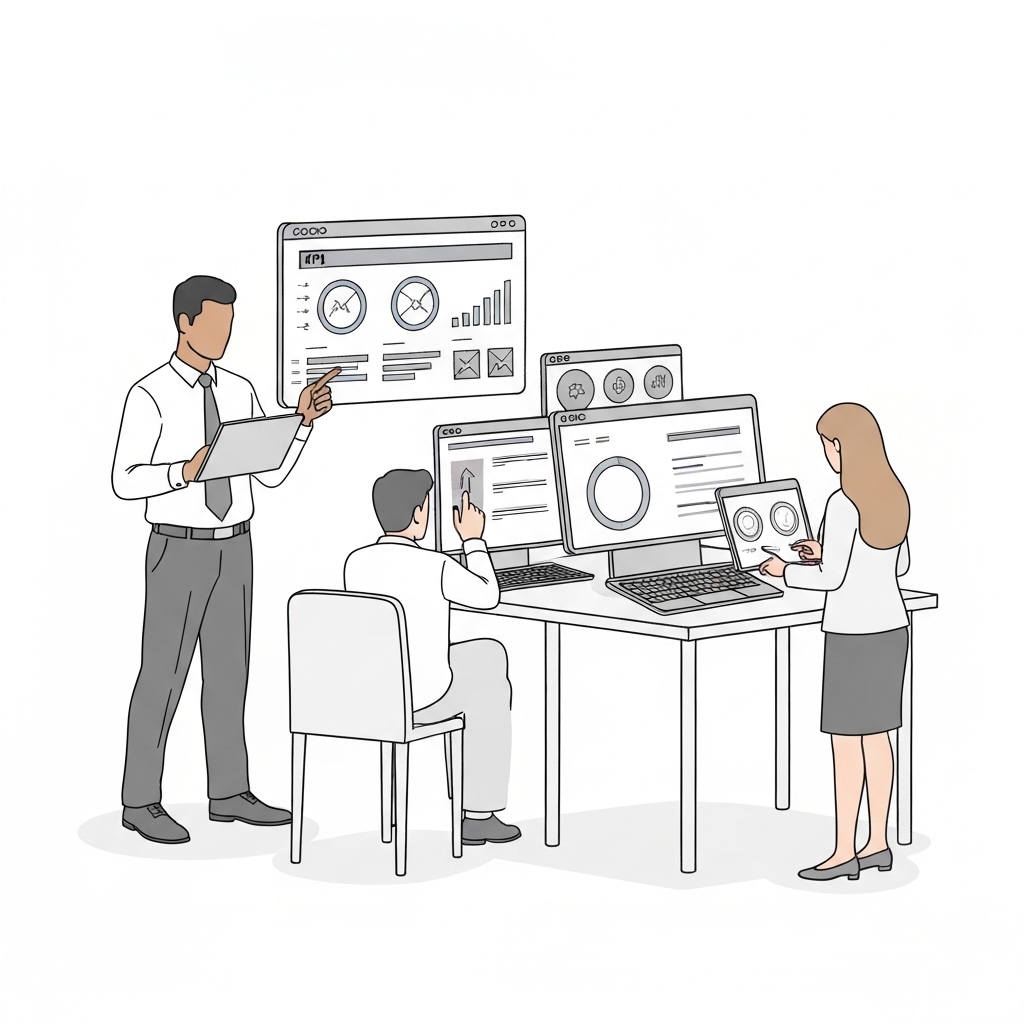 Minimalist image of business professionals reviewing KPI dashboards, representing data-driven decision-making in manufacturing.