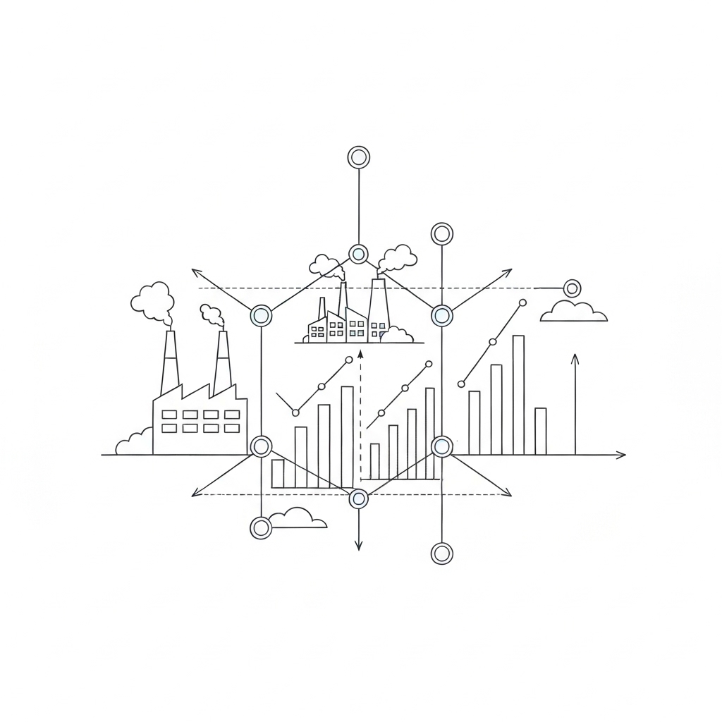 Manufacturing Business Strategy Framework for Scalable Growth Conceptual illustration of a manufacturing business strategy framework showing scalable growth through interconnected strategic elements