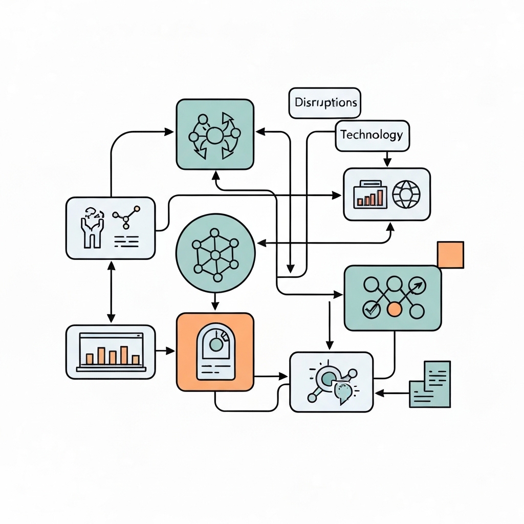A simple, clean illustration showing abstract symbols of challenges like disruptions, complexity, and technology in supply chains on a white background