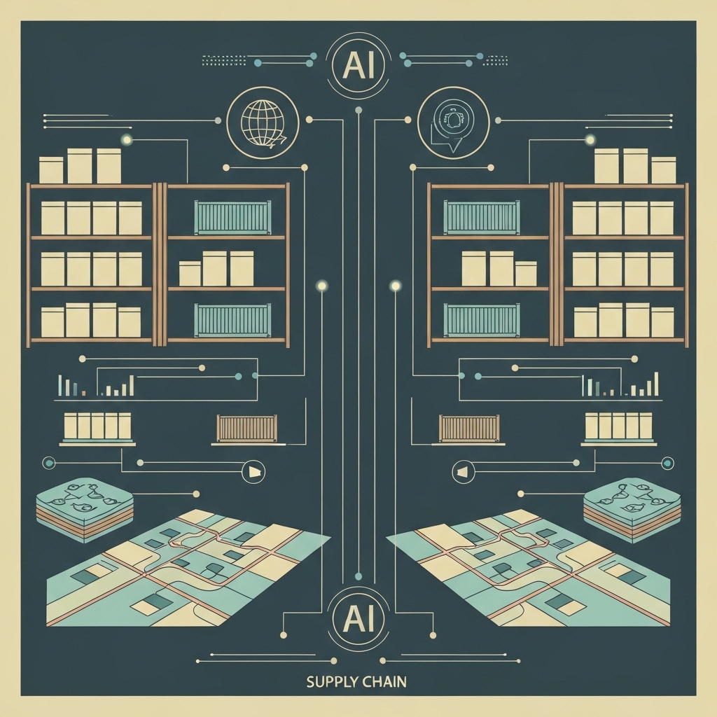 Real-World AI Applications in Supply Chain Professional minimalist conceptual visual representing real-world AI solutions for supply chain optimization and integration