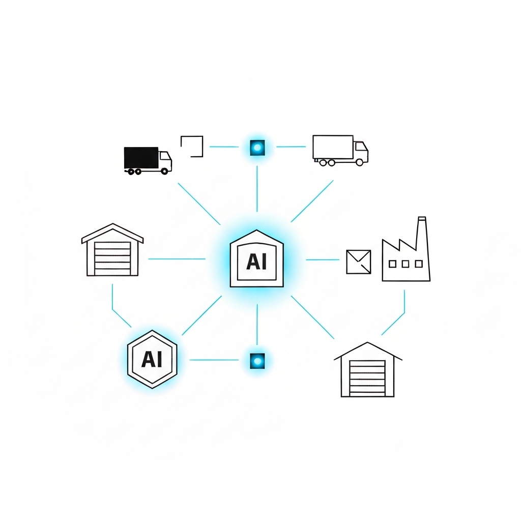 AI-Powered Supply Chain Network Conceptual minimalist illustration of Supply Chain AI Integration showing interconnected nodes and data flows for supply chain optimization