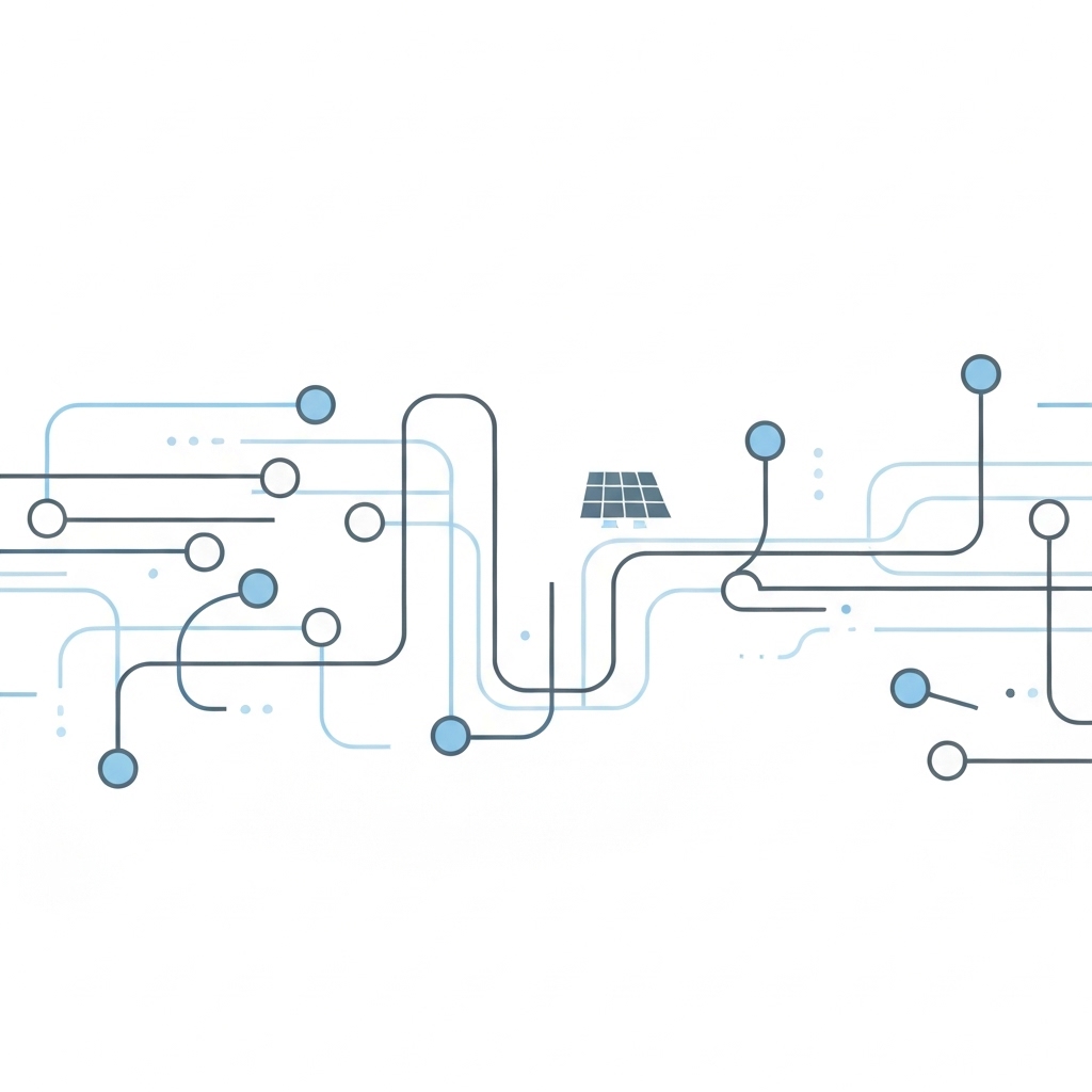 Supply Chain Analytics Network Visualization Minimalist conceptual visualization of interconnected supply chain network representing top supply chain KPIs and analytics
