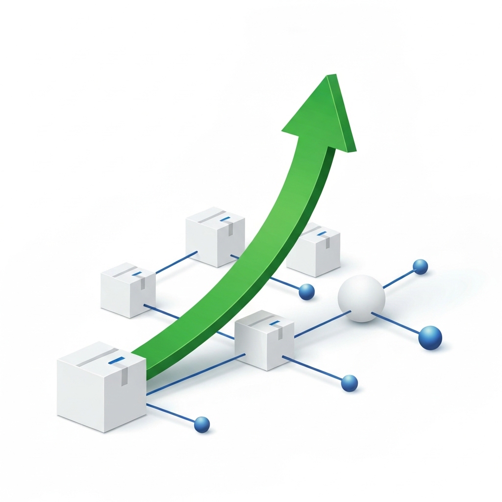Supply Chain Resilience Concept Minimalist illustration of a rising arrow with supply chain icons on white background, symbolizing resilience and strategic growth