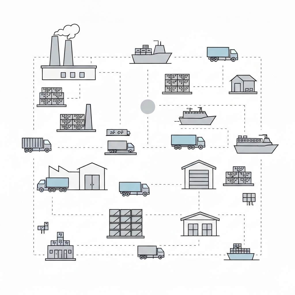 A clean, minimalist visual representing interconnected supply chain components on a white background