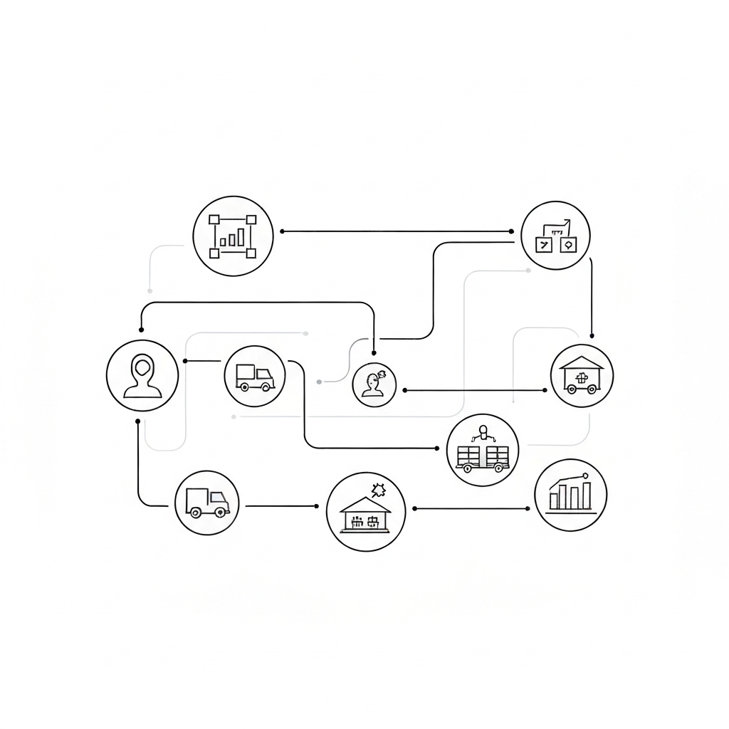 Strategic Supply Chain KPIs Visualization Minimalist professional illustration of interconnected supply chain icons on white background, symbolizing strategic KPIs and resilience